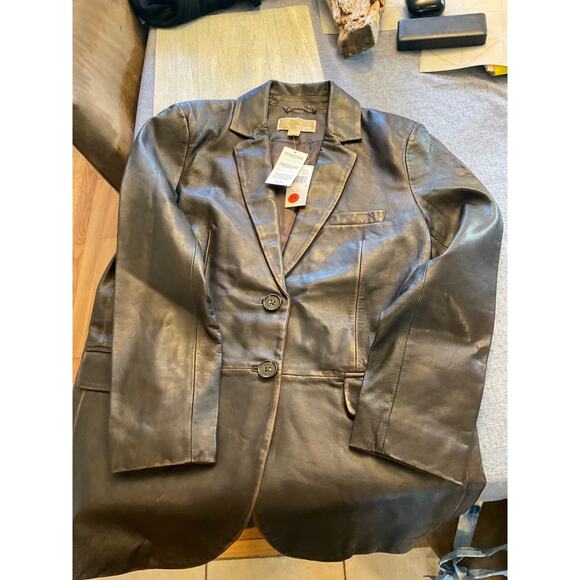 MICHAEL KORS BURNISHED 100% LEATHER CHOCOLATE BLAZER. MSRP$895. SZ4 LAPEL COLLAR - Picture 11 of 11